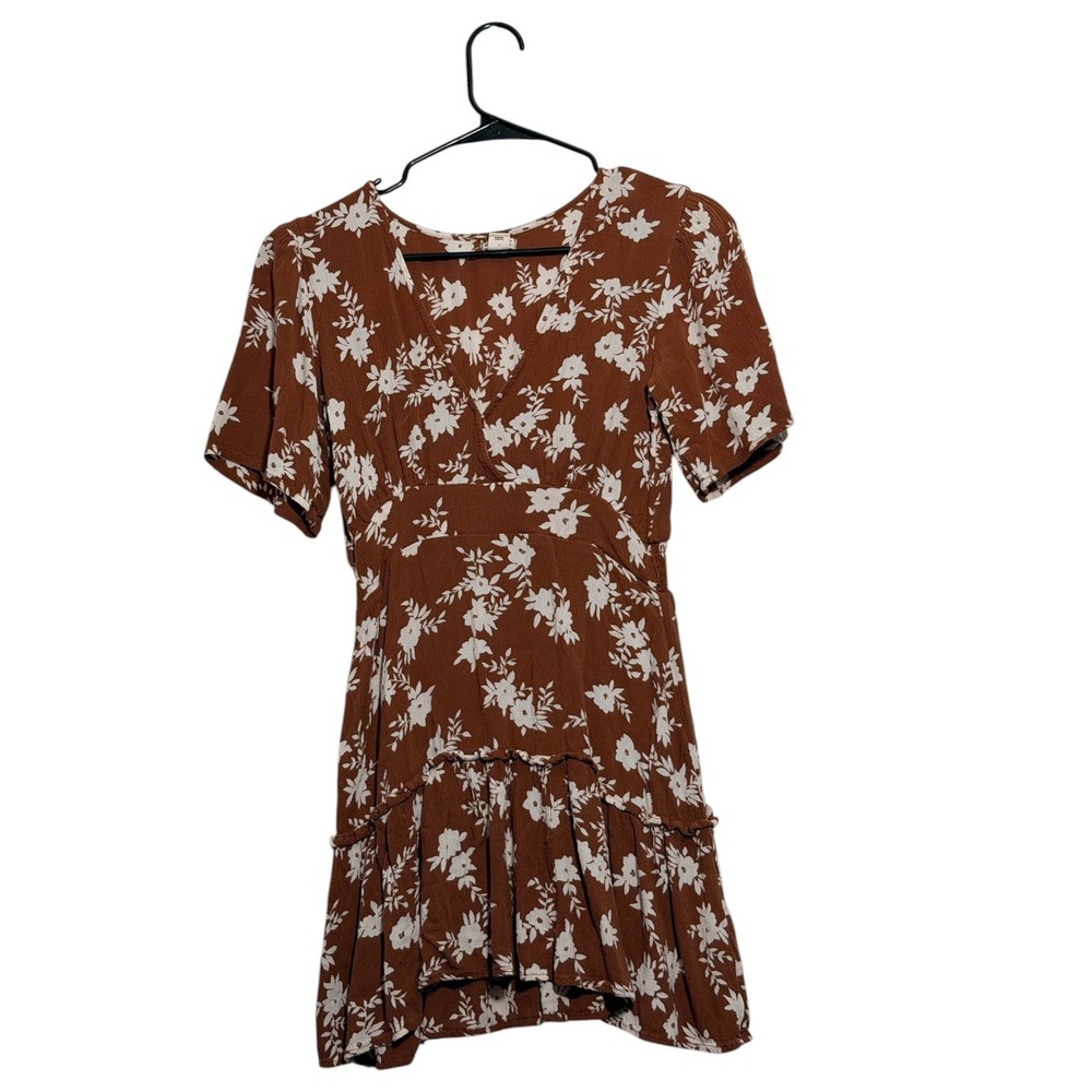 Billabong Bohemian Sun Dress Floral V-Neck Rust Brown Mini Dress Women's Size M